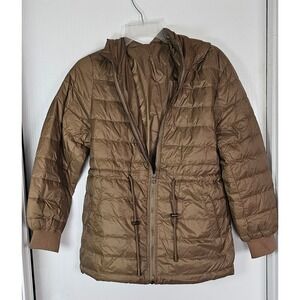 Brown Hooded Quilted Puffer Jacket Women Lightweight Drawstring Waist Coat